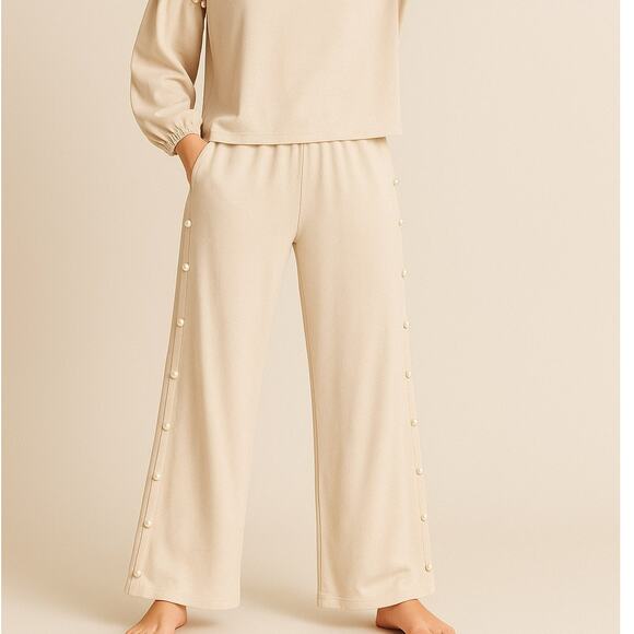 NWT Entro Beige Chunky Pearl Wide Leg Pant L - Picture 1 of 2